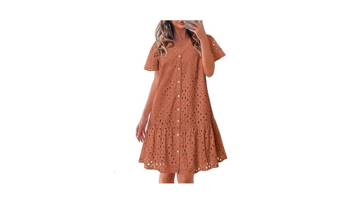Kirundo Eyelet Dresses For Women Button Down Mini Babydoll,rust Red,l