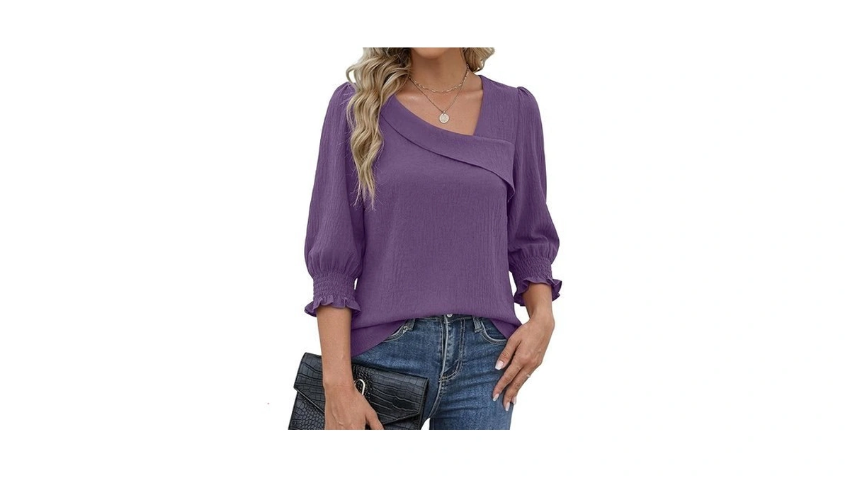 Funlingo 3/4 Sleeve Tops For Women Fall Asymmetric Neck Dressy