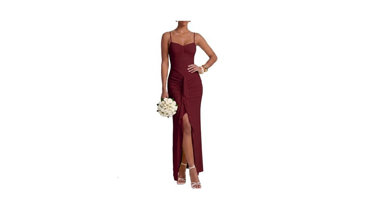 Curvphilo Spaghetti Strap Maxi Dress Women Ruched Bodycon Evening Gown