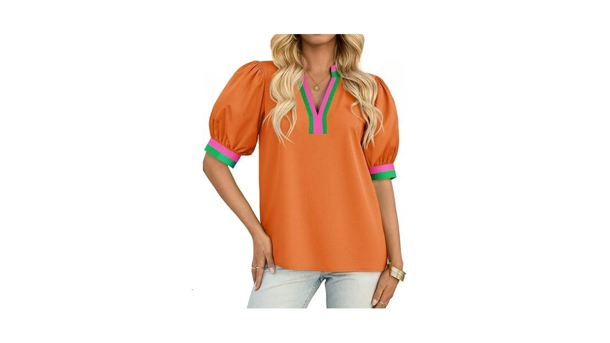 Tankaneo Womens Color Block Puff Sleeve Tops Dressy Casual V