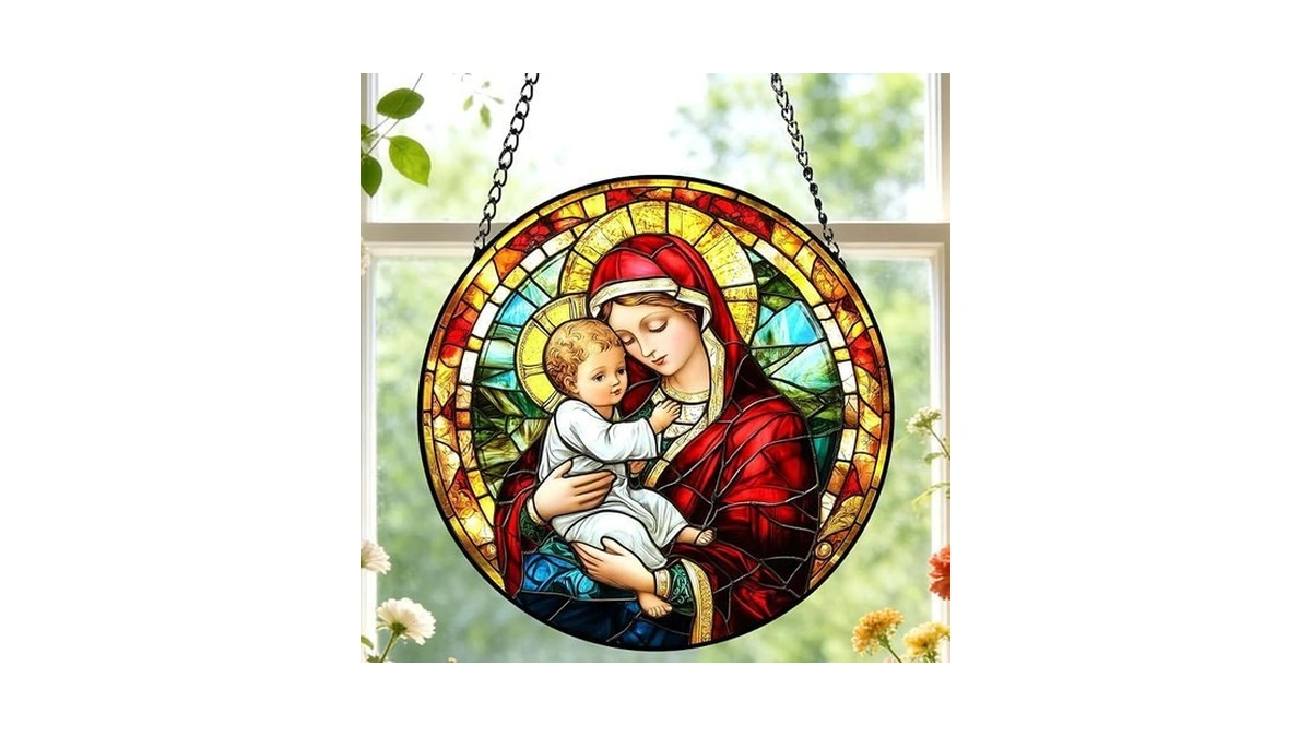 Virgin Mary Stained Glass Sun Catcher, Christian Suncatchers Window Hanging