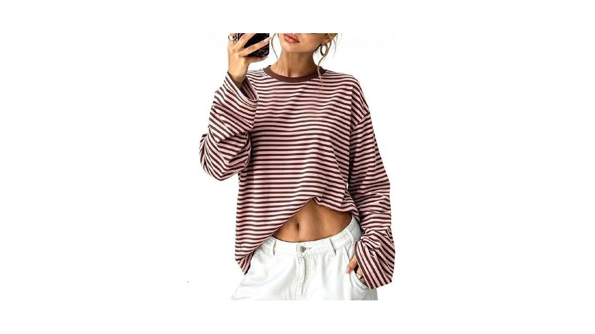 Sampeel Womens Long Sleeve Tops Striped Oversized T Shirts Fall