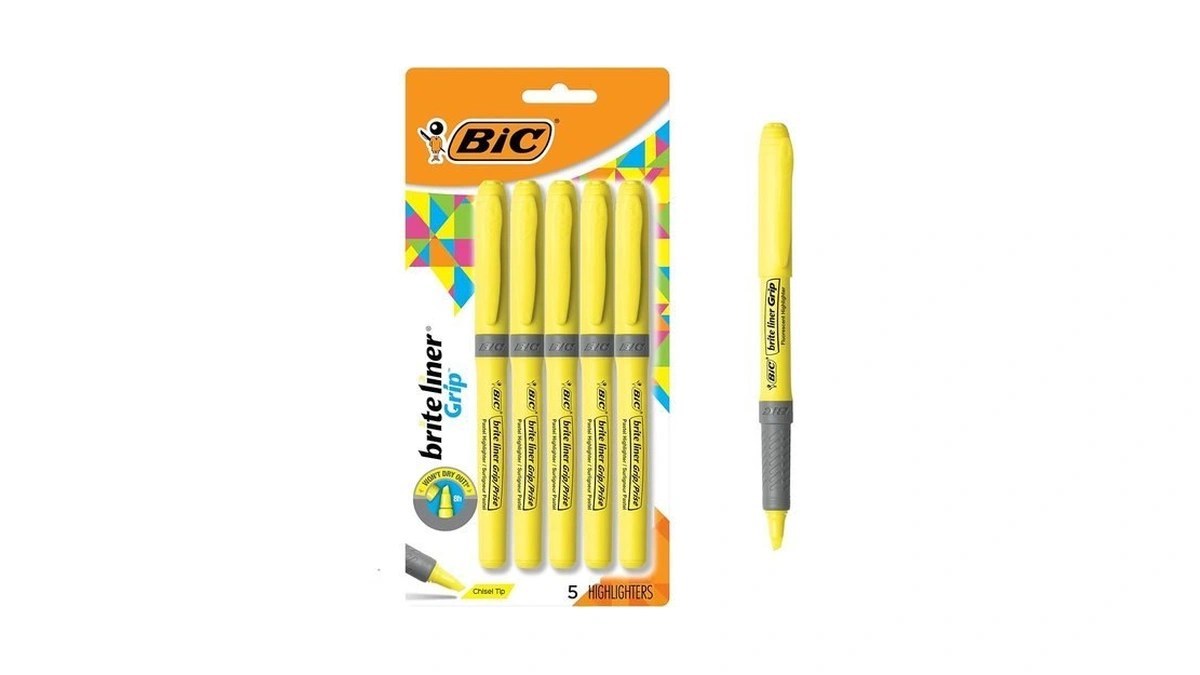 Bic Brite Liner Grip Highlighters, Chisel Tip, 5-count Pack Of