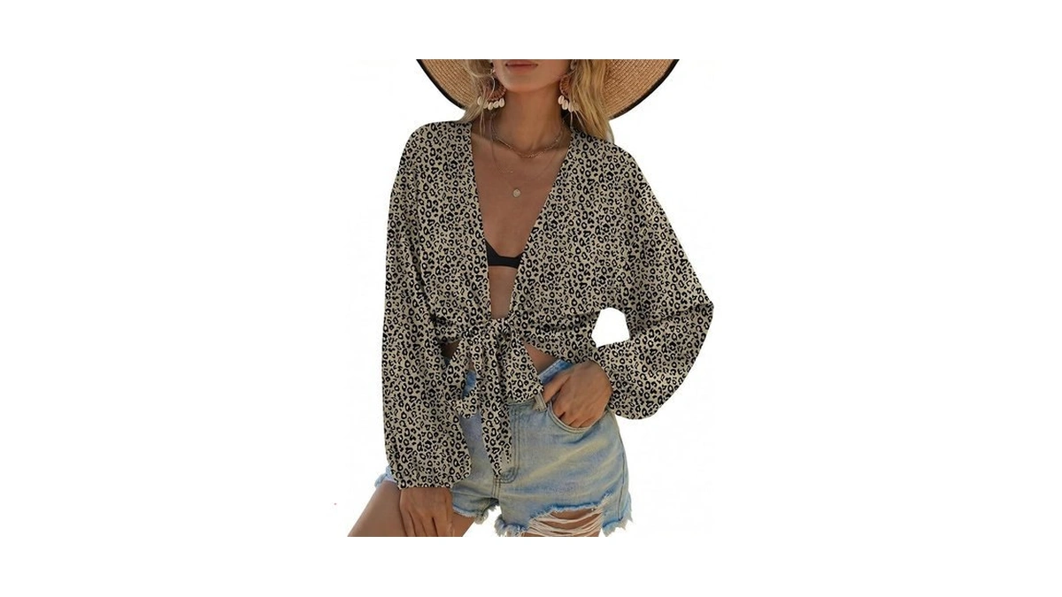 Ekouaer Women's Swimsuit Cover Ups Tie Front Long Sleeve Top