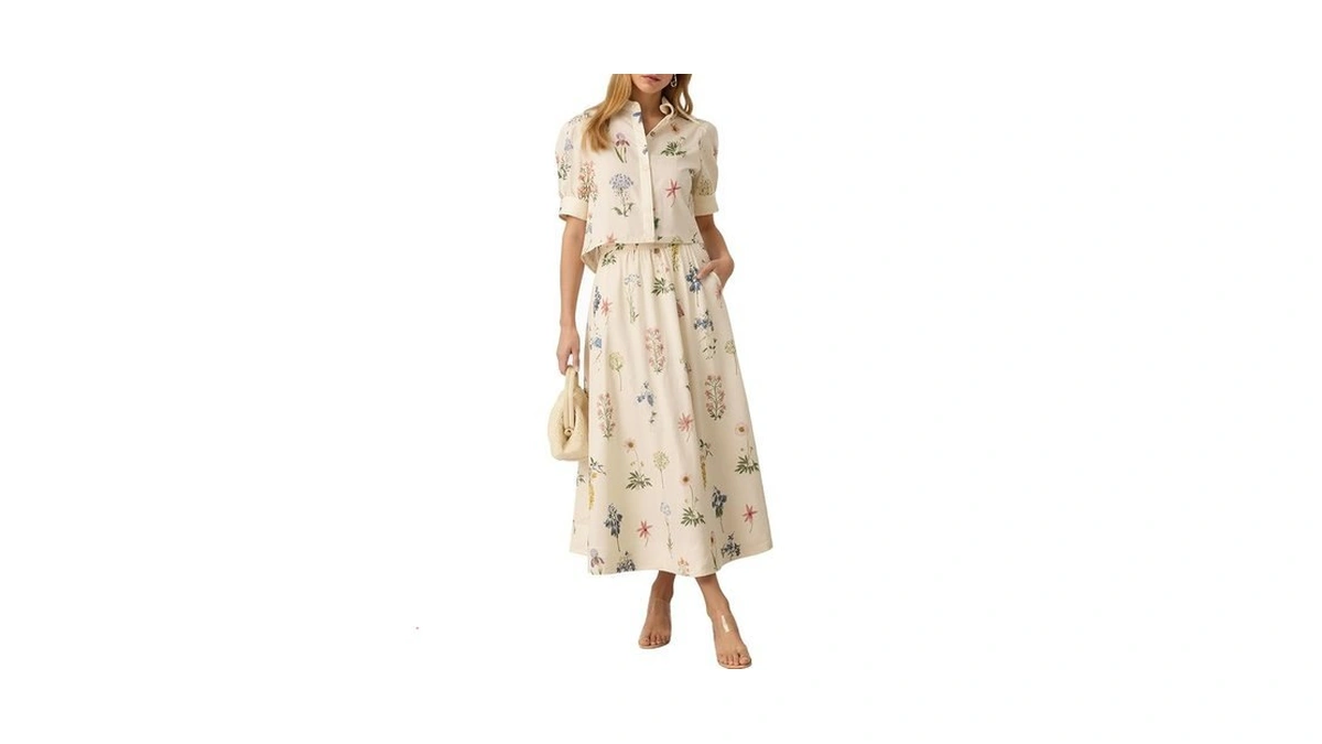 Tankaneo Womens 2 Piece Floral Skirt Sets Puff Sleeve Blouse