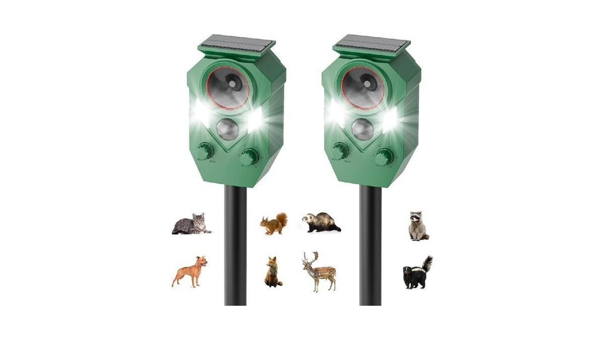 2-pack Solar Powered Ultrasonic Animal Repeller With Motion Sensor, Outdoor