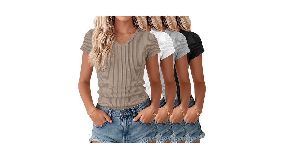 Oakgarden 4 Pack Girl's Short Sleeve Shirts Ribbed V Neck