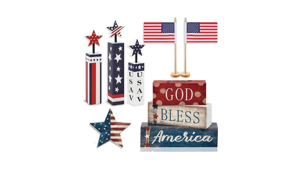 4th Of July Decorations, 9pcs Wooden Red White And Blue