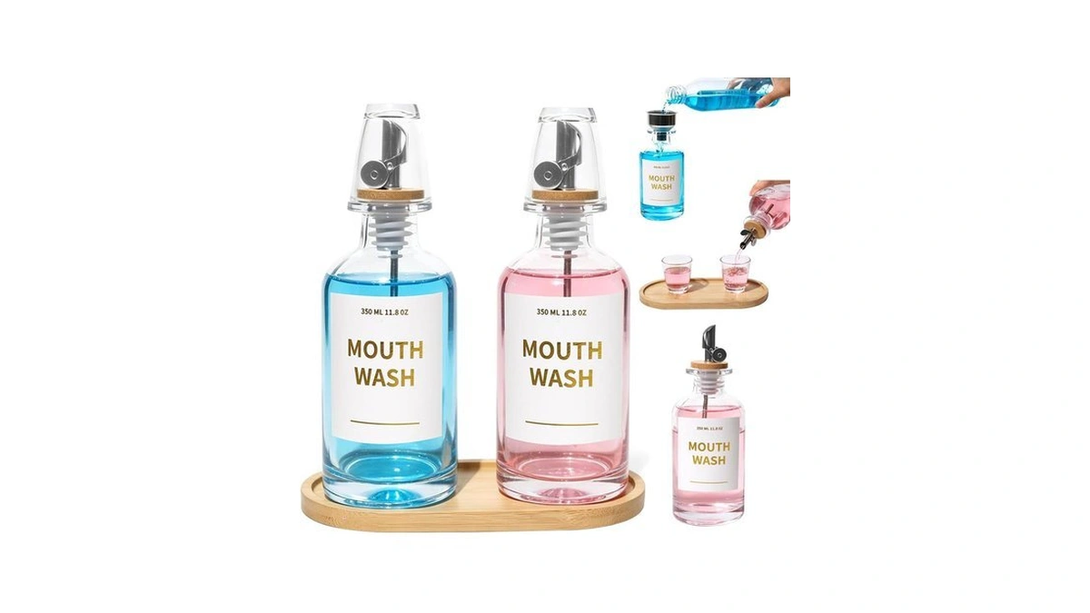 2-pack 11.8oz Clear Glass Mouthwash Dispenser With Bamboo Tray
