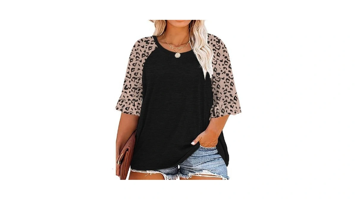 Hdlte Womens Plus Size 3/4 Sleeve Tops Crewneck Floral Ruffle