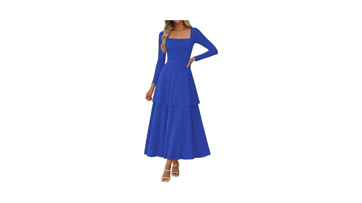 Lazysmile Women's Corset Long Sleeve Square Neck Ruffle Maxi Dresses