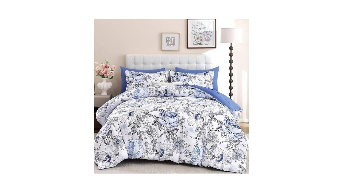 Luxudecor Floral Comforter Set-7 Pieces Blue Bed In A Bag