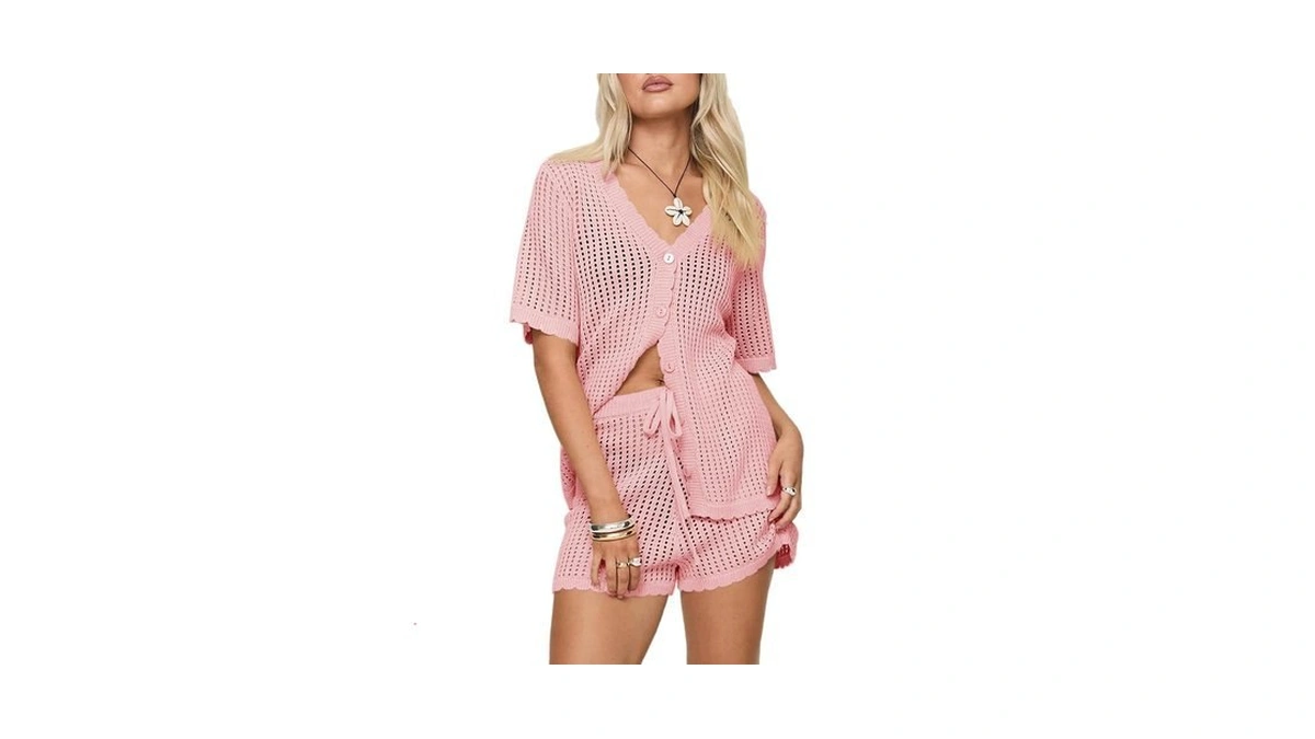 Saodimallsu Womens Crochet Swimsuit Coverup Sets Short Sleeve V Neck