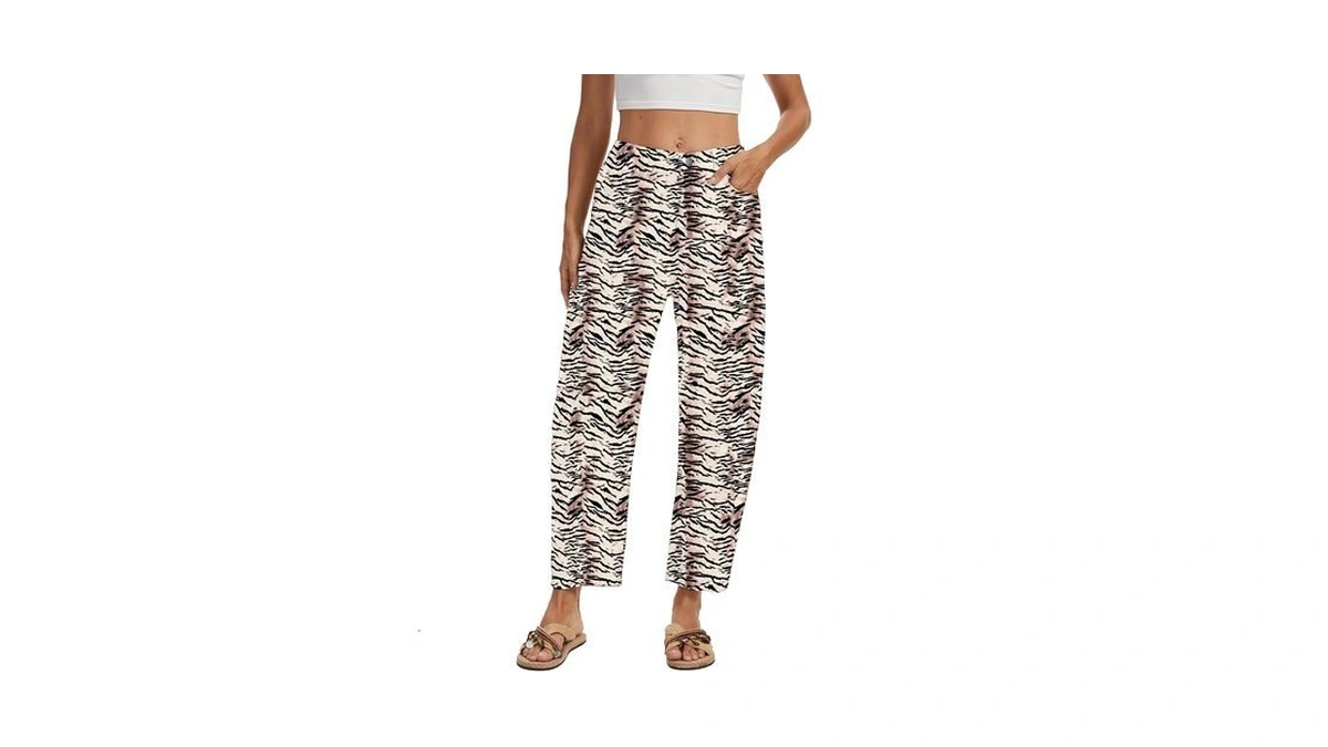 Daoao Leopard Print Barrel Pants Women Mid Rise Pull On