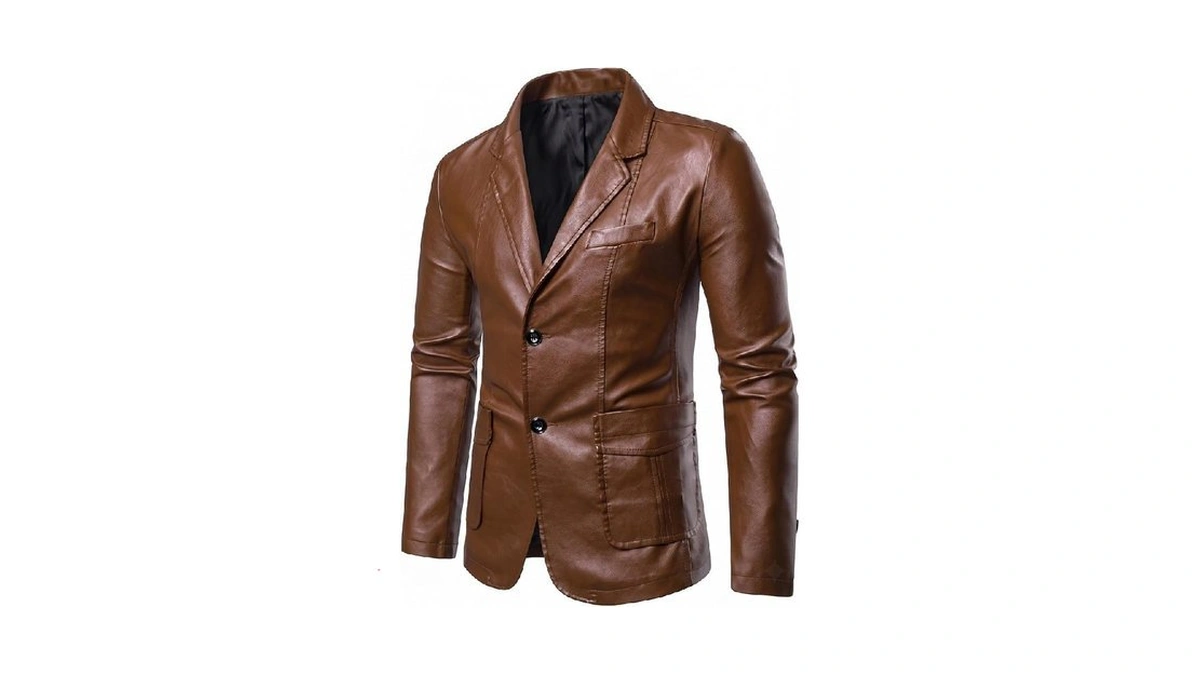 Brown Leather Jackets Men Faux Leather Blazer Button Closure Blazer