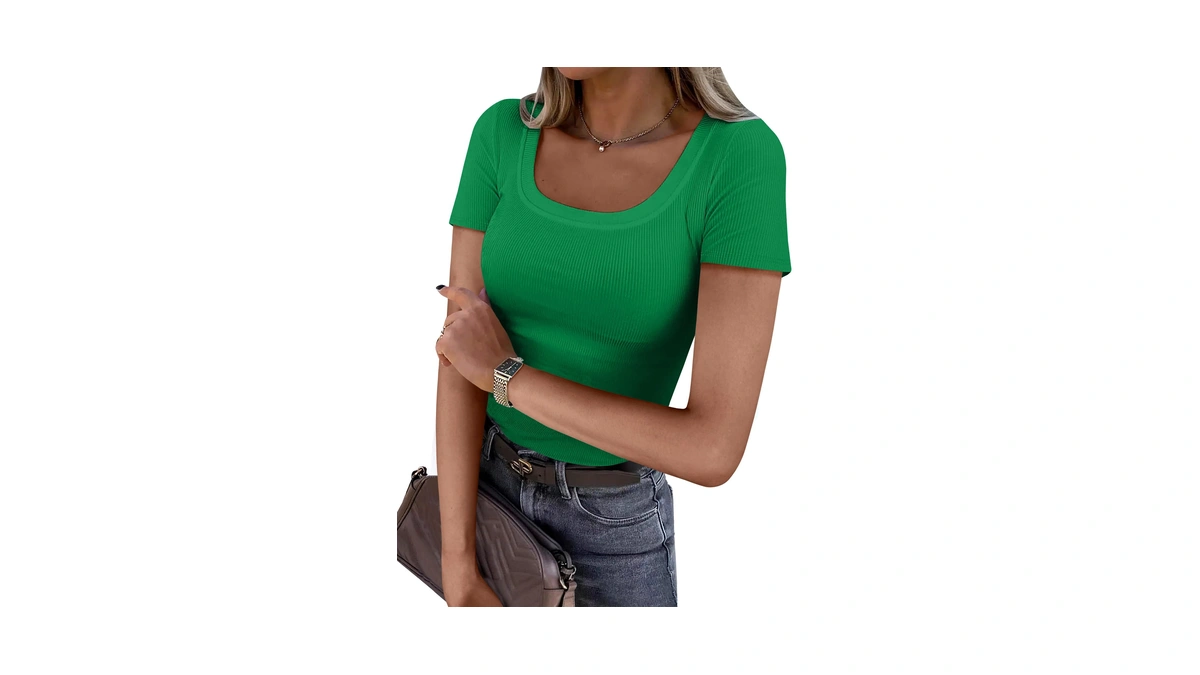 Anrabess Women Short Sleeve Tops Scoop Neck Ribbed Knit Slim