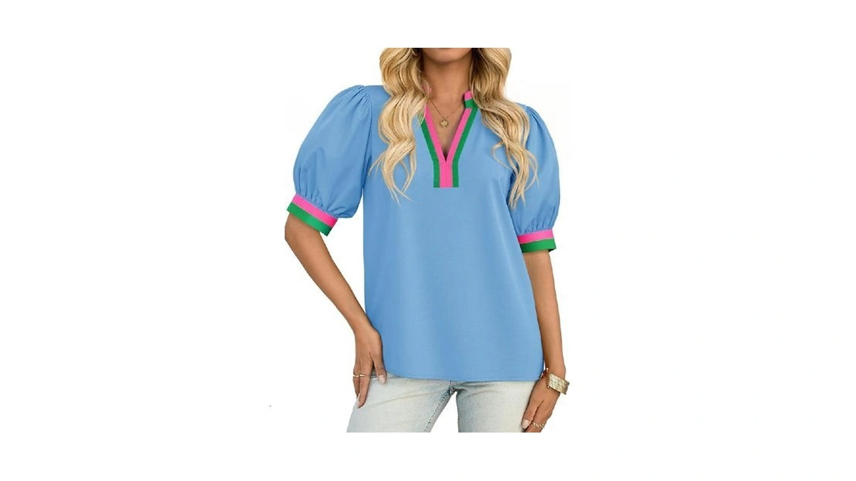 Tankaneo Color Block Puff Sleeve Blouses
