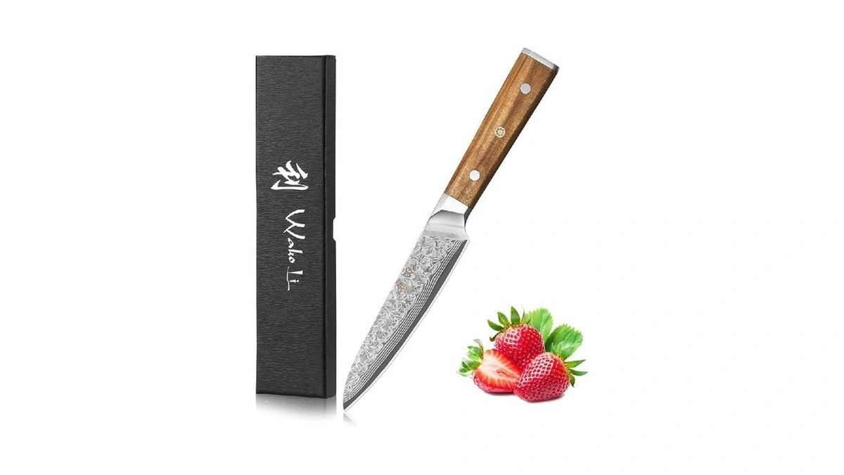 Wakoli Oribu Utility Knife, 4.5" 67-layer Vg10 Damascus, Olive Wood