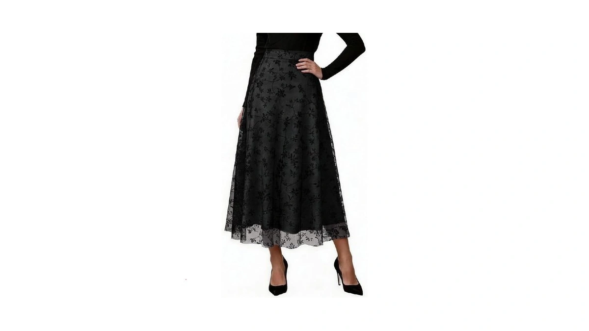 Gettalocky Women's Black Floral Chiffon Midi Skirt, High Waist A-line