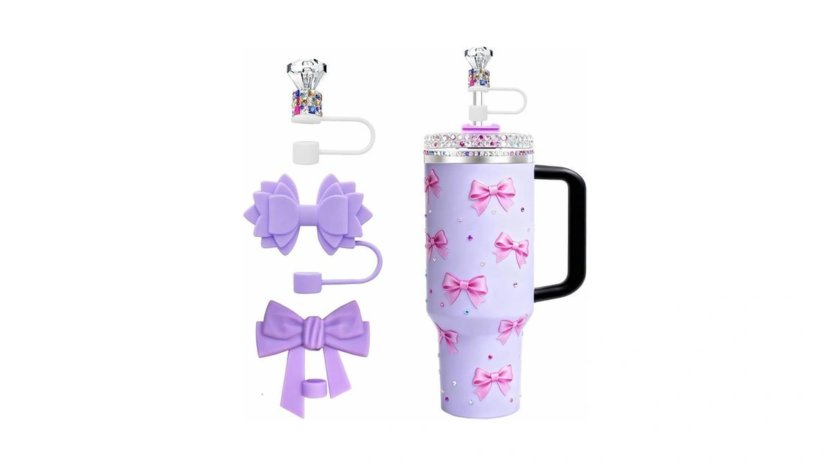 Purple 3pcs Straw Toppers For Stanley Cup 30/40oz, Diamond Bow