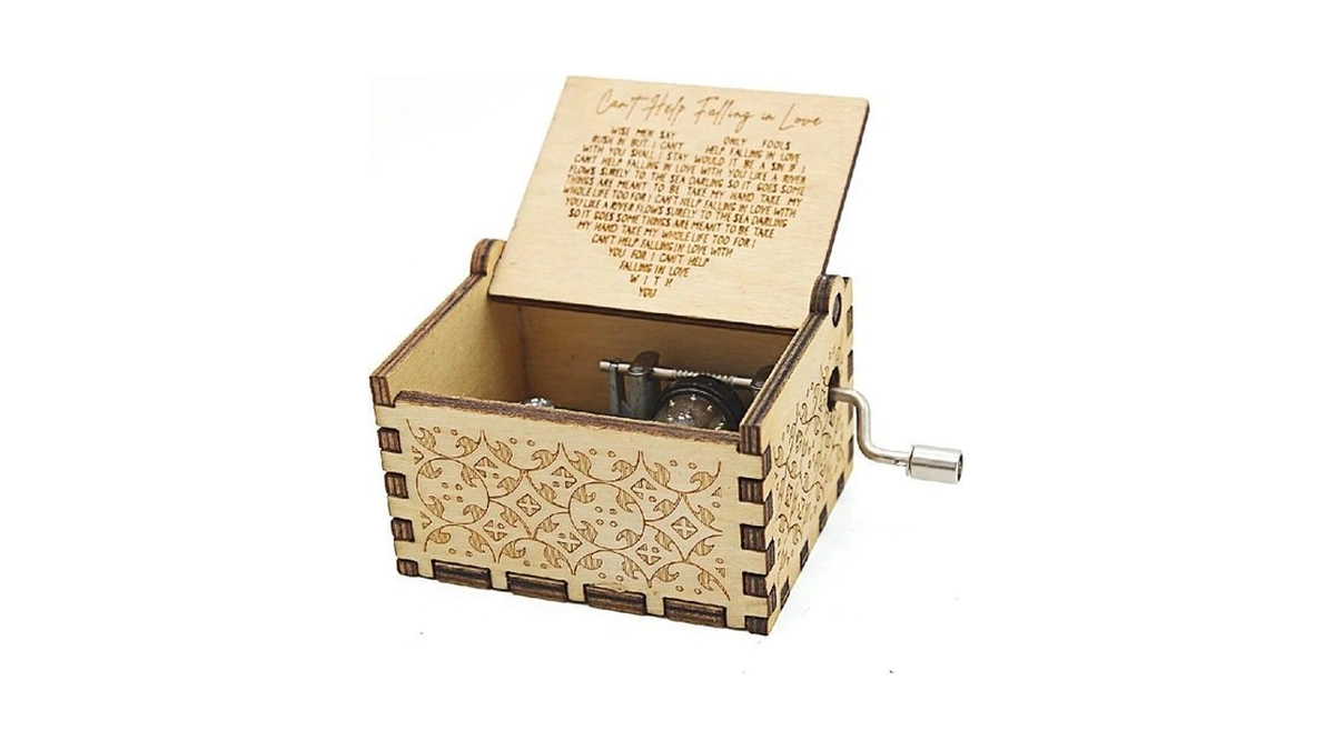 Can't Help Falling In Love Wood Music Box, Antique Engraved