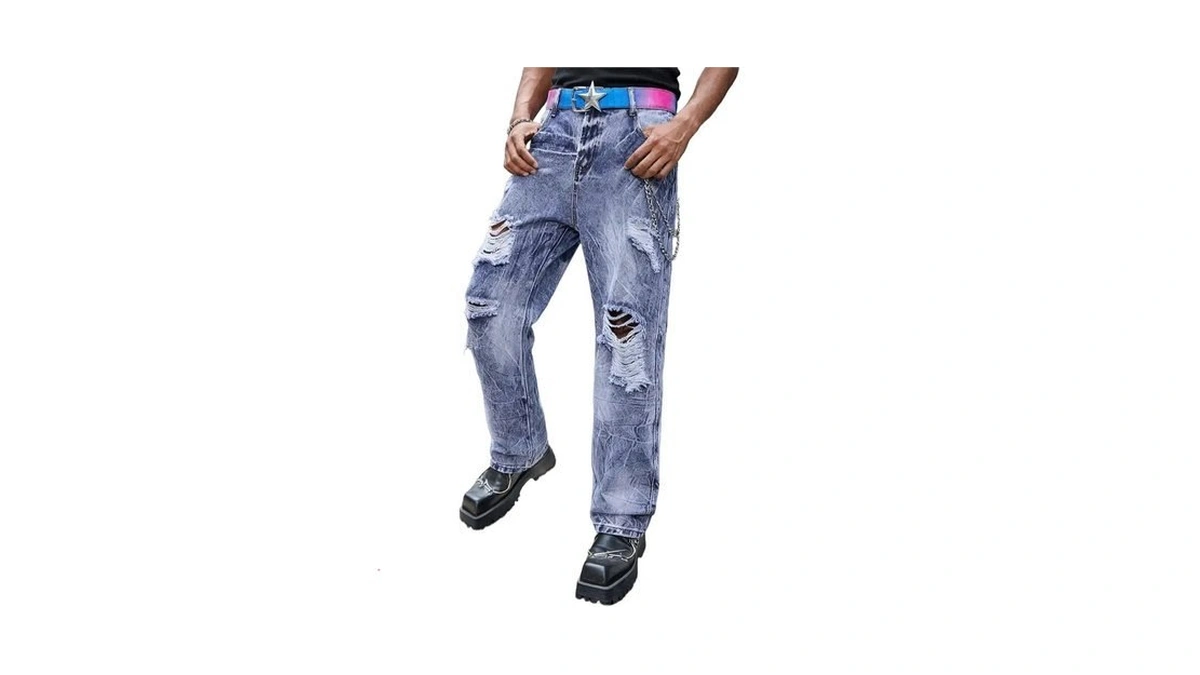Dislanbo Mens Ripped Jeans Straight Leg Y2k Denim Pants Aqua
