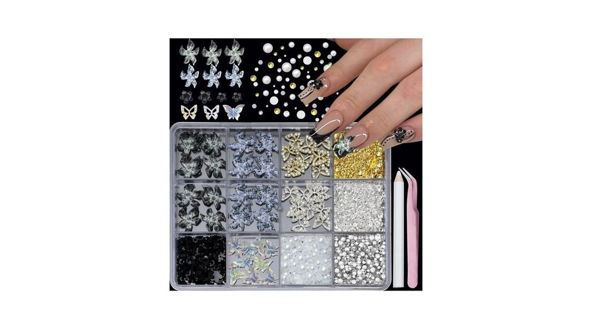 Yosommk 3d Black Flower Nail Art Charms And Gems Adjustable