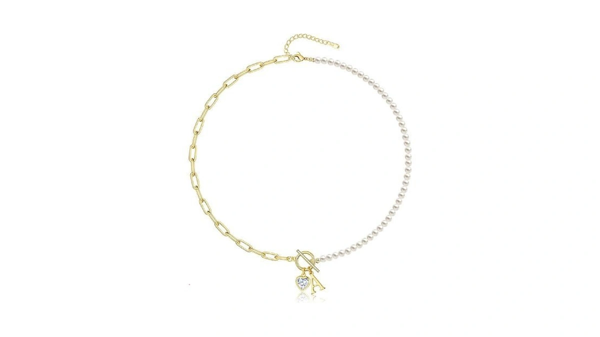 Outsthand Initial Pearl Necklace For Women, 14k Gold Plated Paperclip