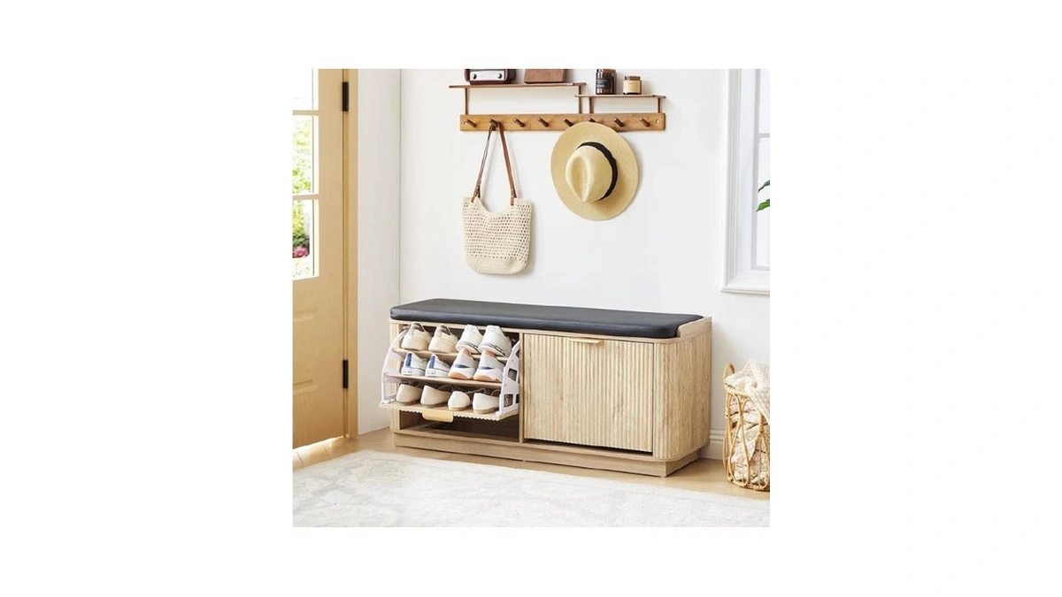 Affeivul 43.3''w Fluted Shoe Rack Bench With 2 Flip Drawers,