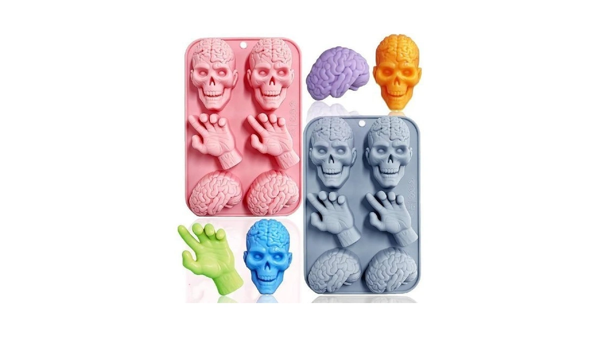 2 Pack Halloween Silicone Cake Molds Skull Human Brain Hand