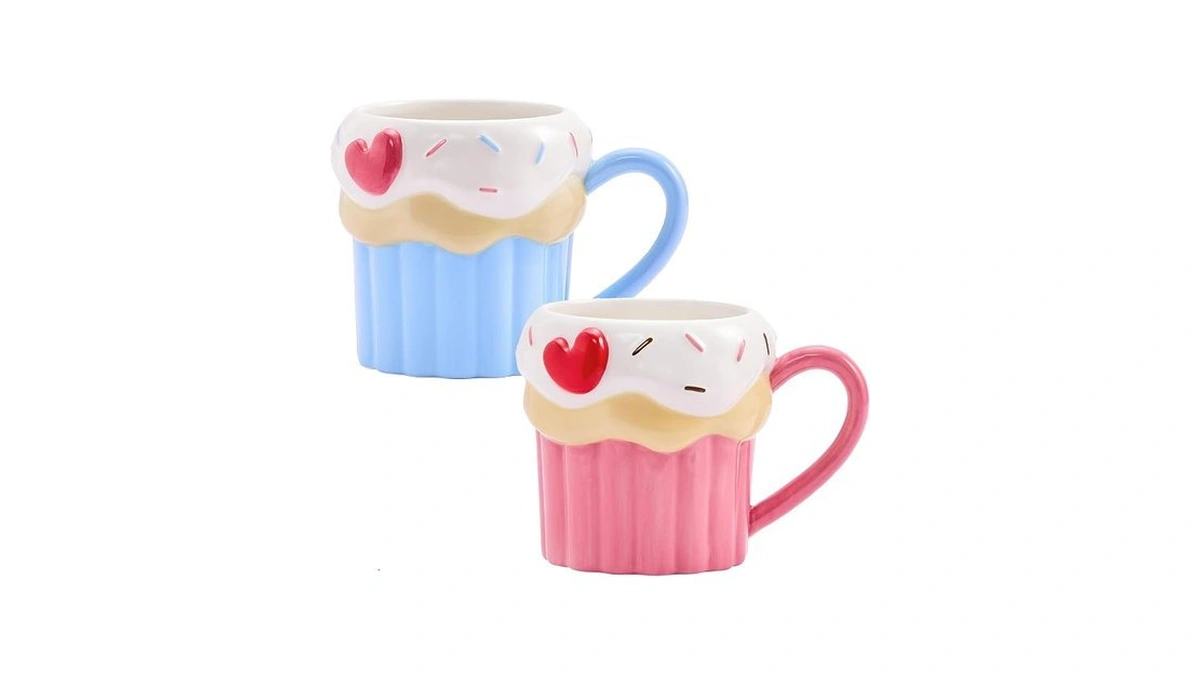 Bico Cupcake With Heart Mugs Set, Blue And Pink Valentine's,
