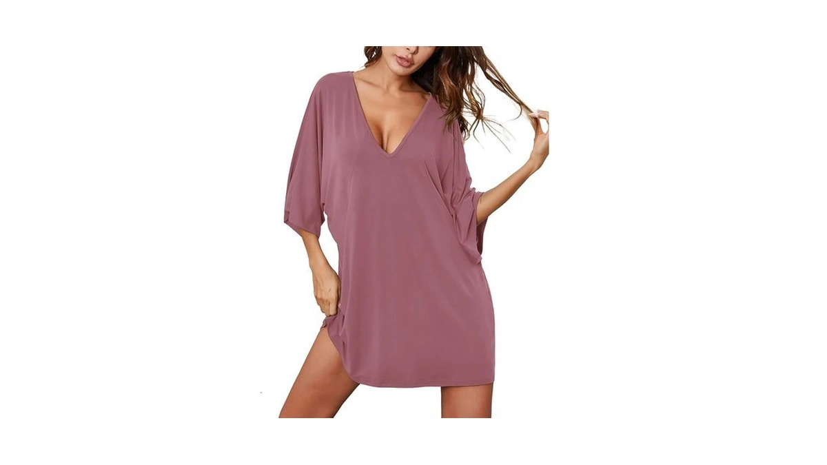 Ekouaer Women's Sleepshirt Deep V Neck Nightgown Batwing Nightshirt Oversized