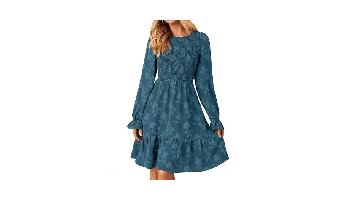 Simplee Womens Long Sleeve Mini Dress Fall Casual Smocked Baydoll