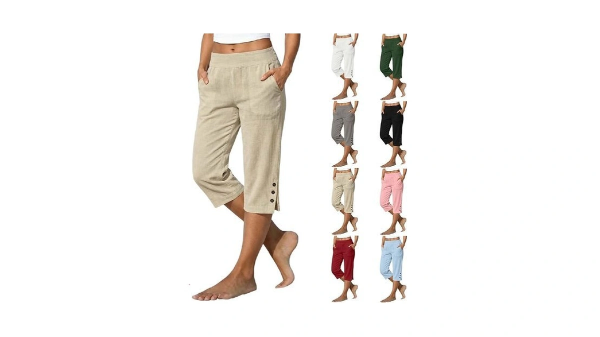 Linen Capris For Women Casual Split Cropped Pants With Pockets