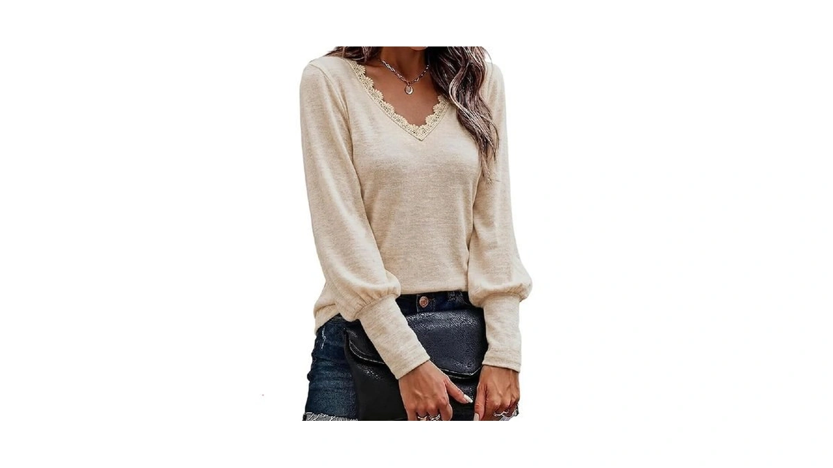 Chicme Women's Long Sleeve Lace Trim V-neck Loose Basic Tee-apricot-large