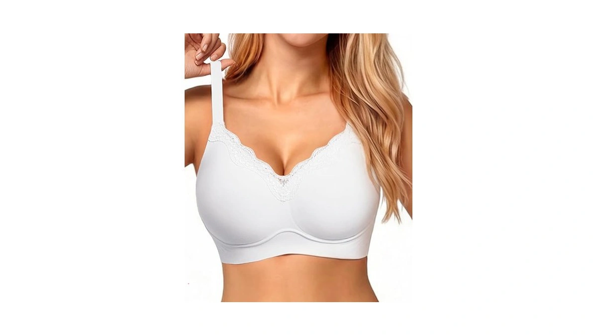 Showyoo Womens Wireless Jelly Bras No Underwire V-neck Lace Trim