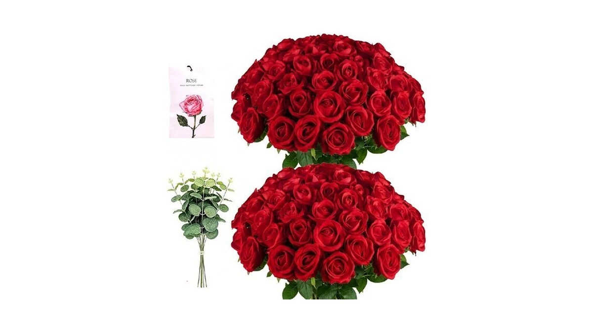 Nosqew 50 Pcs Artificial Roses +10 Eucalyptus + 1 Sachet