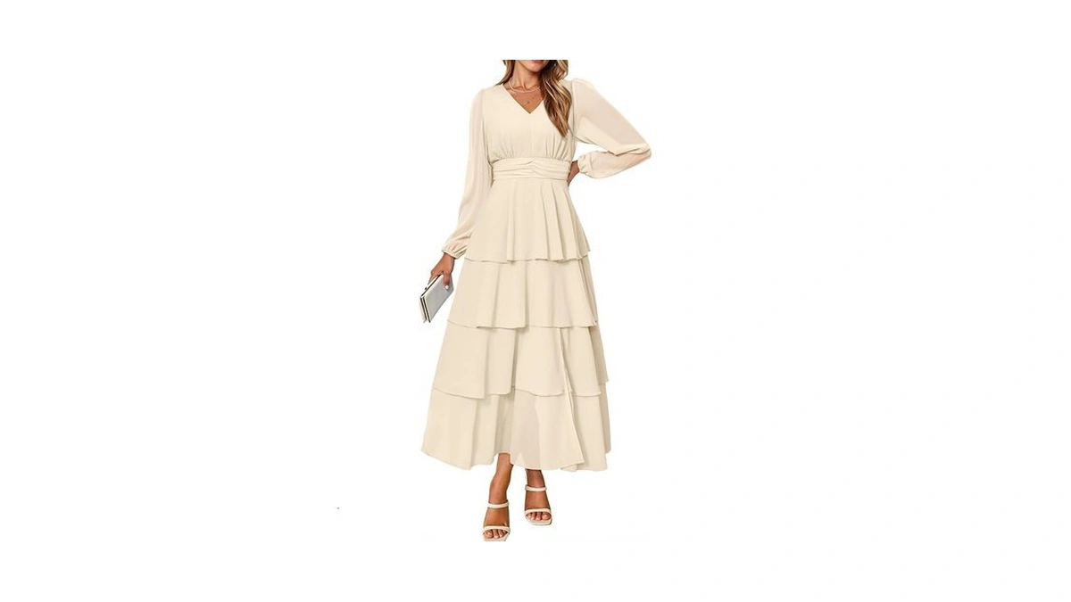 Berrygo Women's Chiffon Maxi Dresses A Line Long Sleeve High