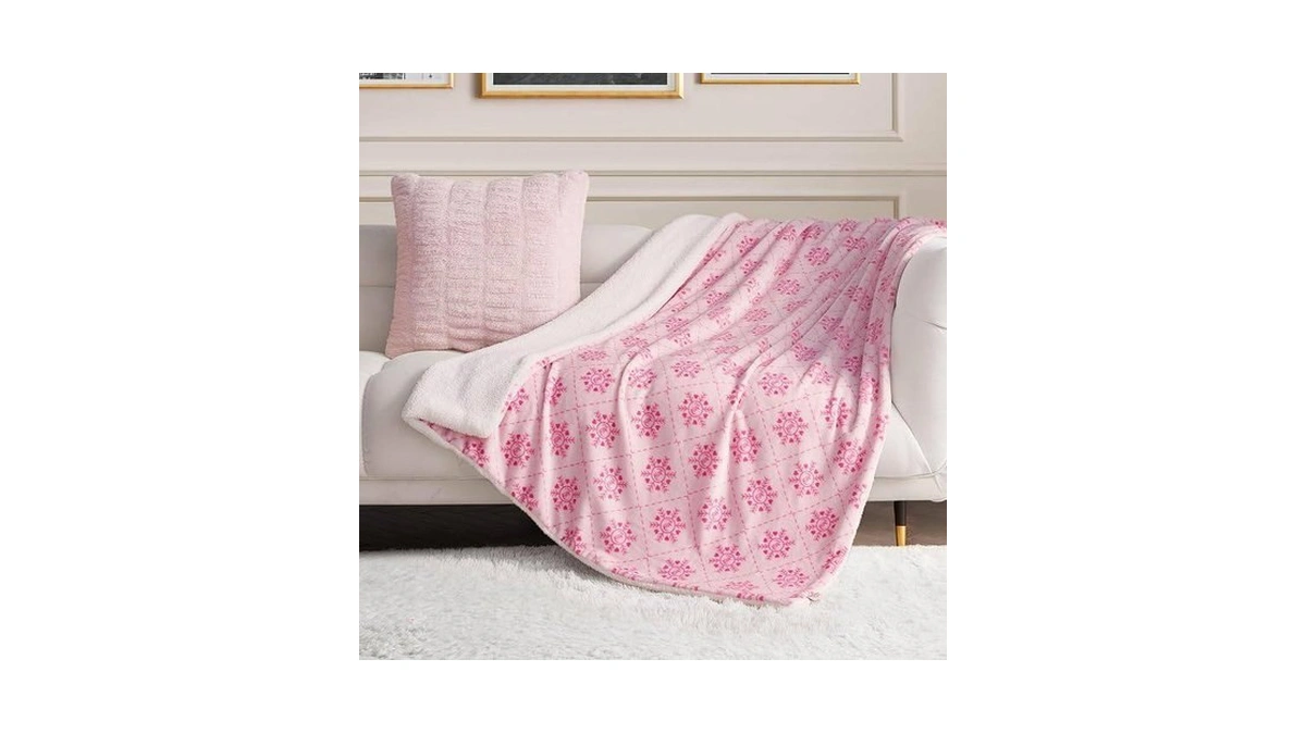 Juicy Couture Plush Reversible Sherpa 50"x60" Throw Blanket, Light Pink