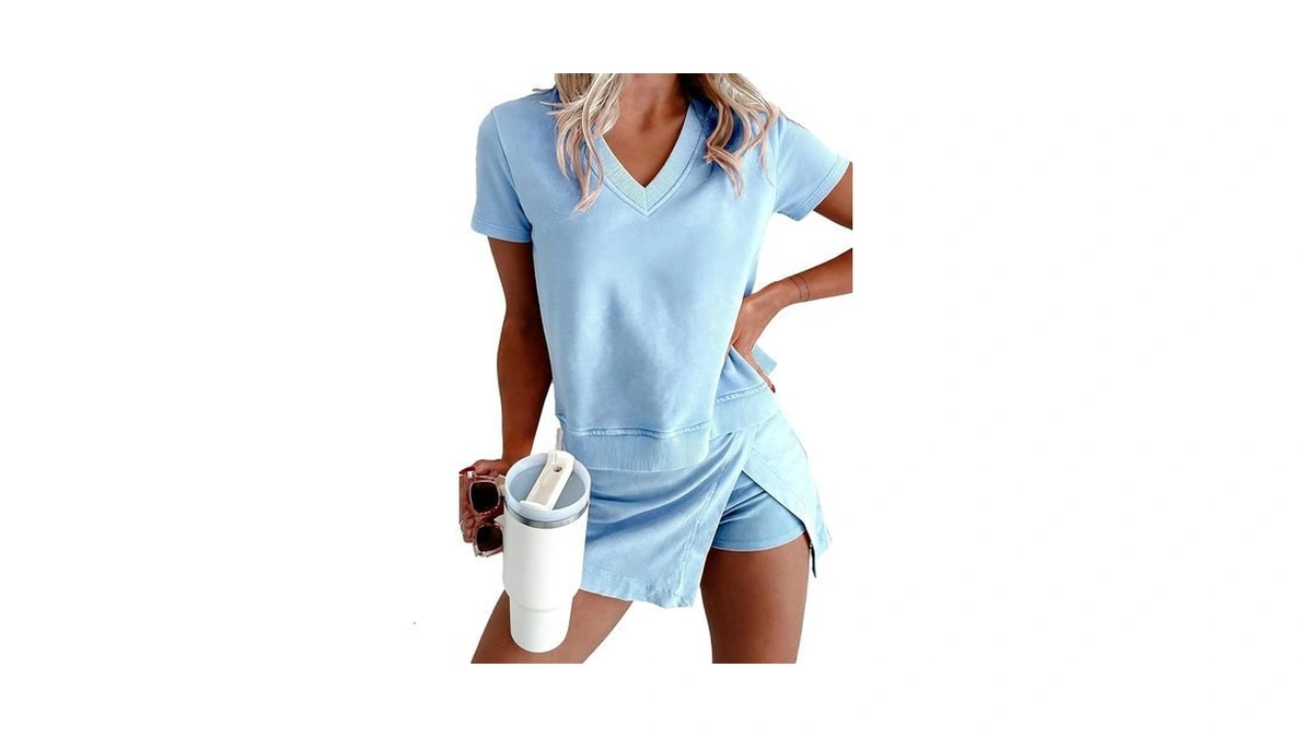 Kevamolly Women Mineral Wash V Neck 2 Piece Lounge Set