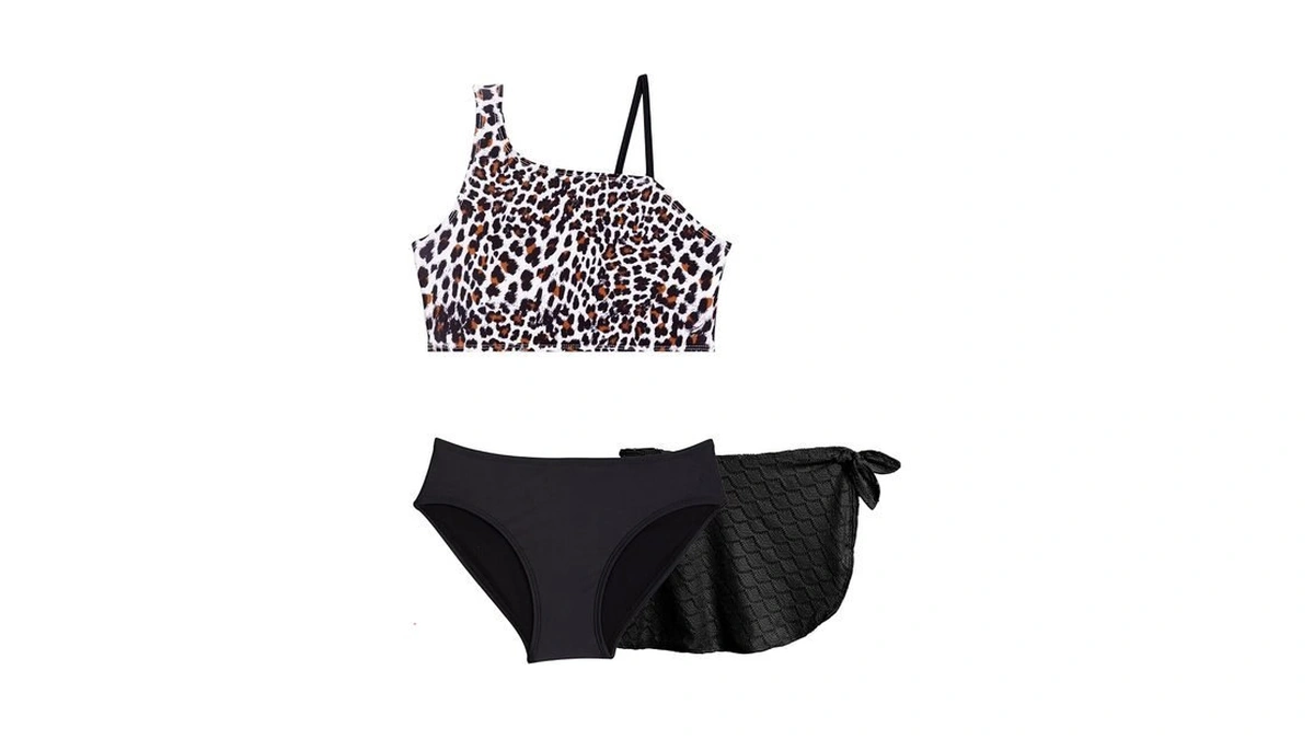 Aqua Green Girls Asymmetrical Bikini With Coverup Sarong 3-piece Set,