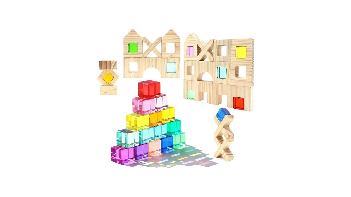 Kuchisity Wooden Building Blocks Set For Kids, Rainbow Acrylic Gem