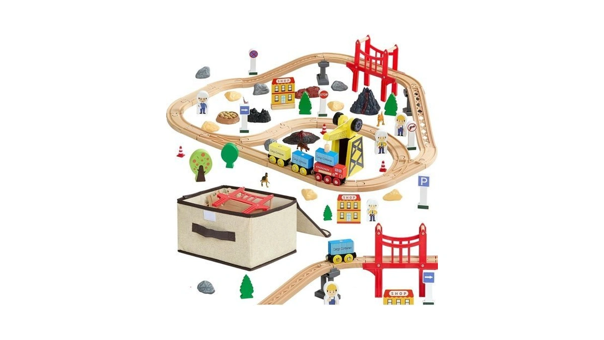 Vevor 70pcs Wooden Train Set, With Magnetic Crane, Wood Train