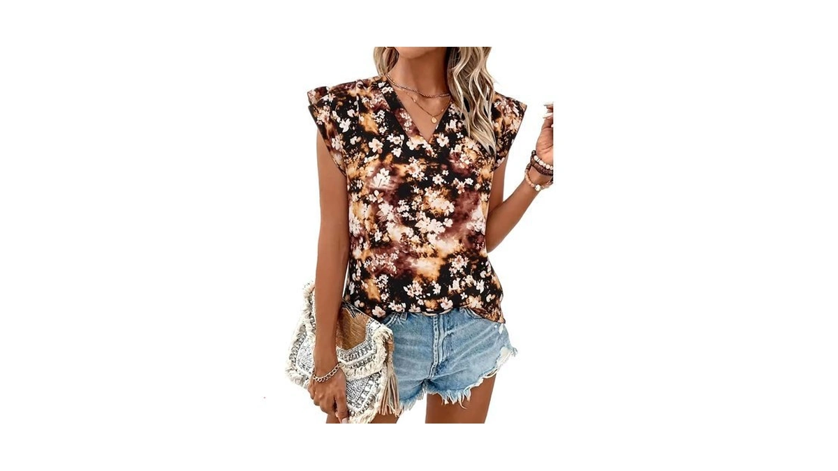 Ieeilulu Flutter Sleeve Tops For Women Casual V Neck Floral