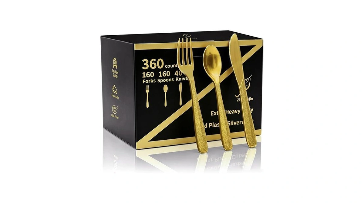 Zhuangjia 360 Count Heavy Duty Disposable Gold Plastic Silverware Set