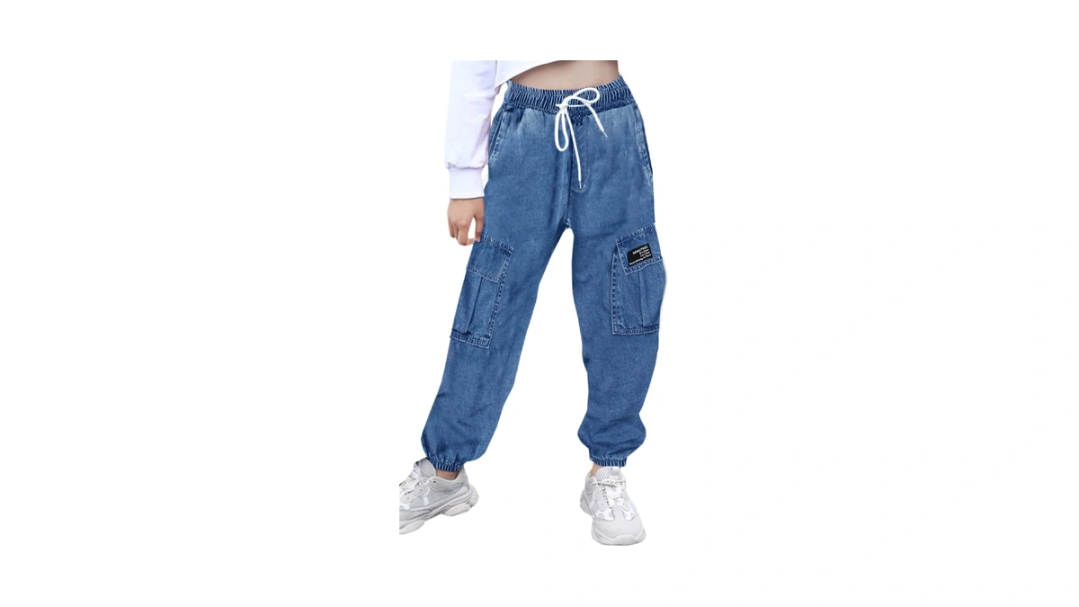 Sangtree Girls Cotton Cargo Pants Drawstring Jogger,denim Blue,11-12y