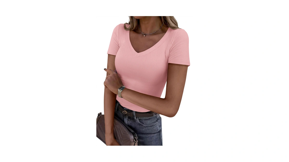 Prettygarden Women's Summer Trendy Tops V Neck T Shirts (pink,l)