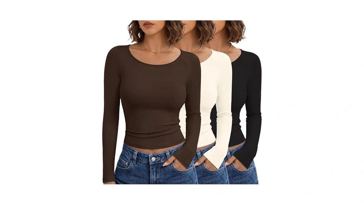 Ekouaer Long Sleeve Shirts For Women Crop Tops Raglan Fall