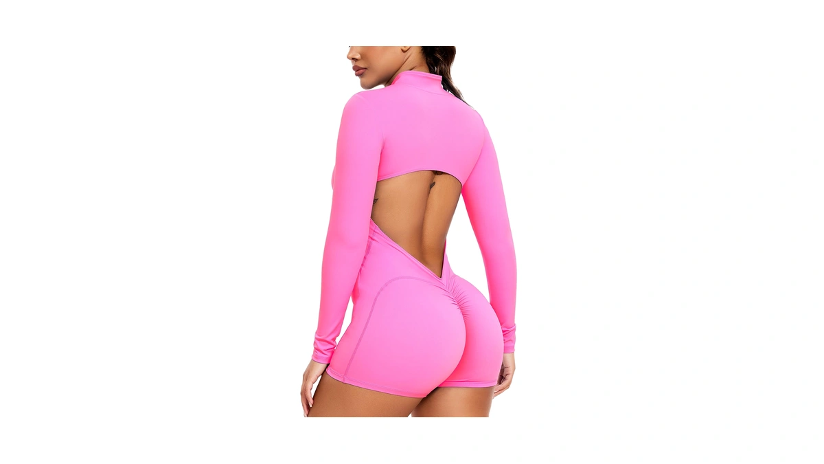 Seasum Zip Up Backless Long Sleeve Workout Romper Bodysuit Pink