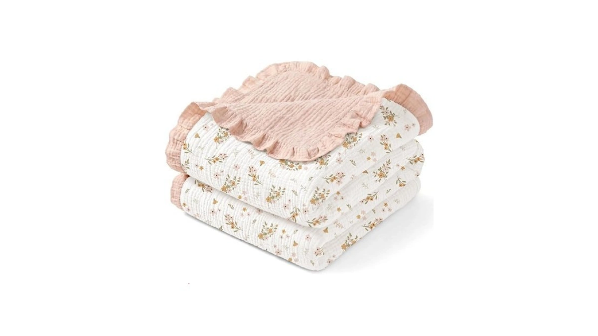 Trooer Muslin Baby Blanket For Girls With Ruffled Edges, 41"x41"
